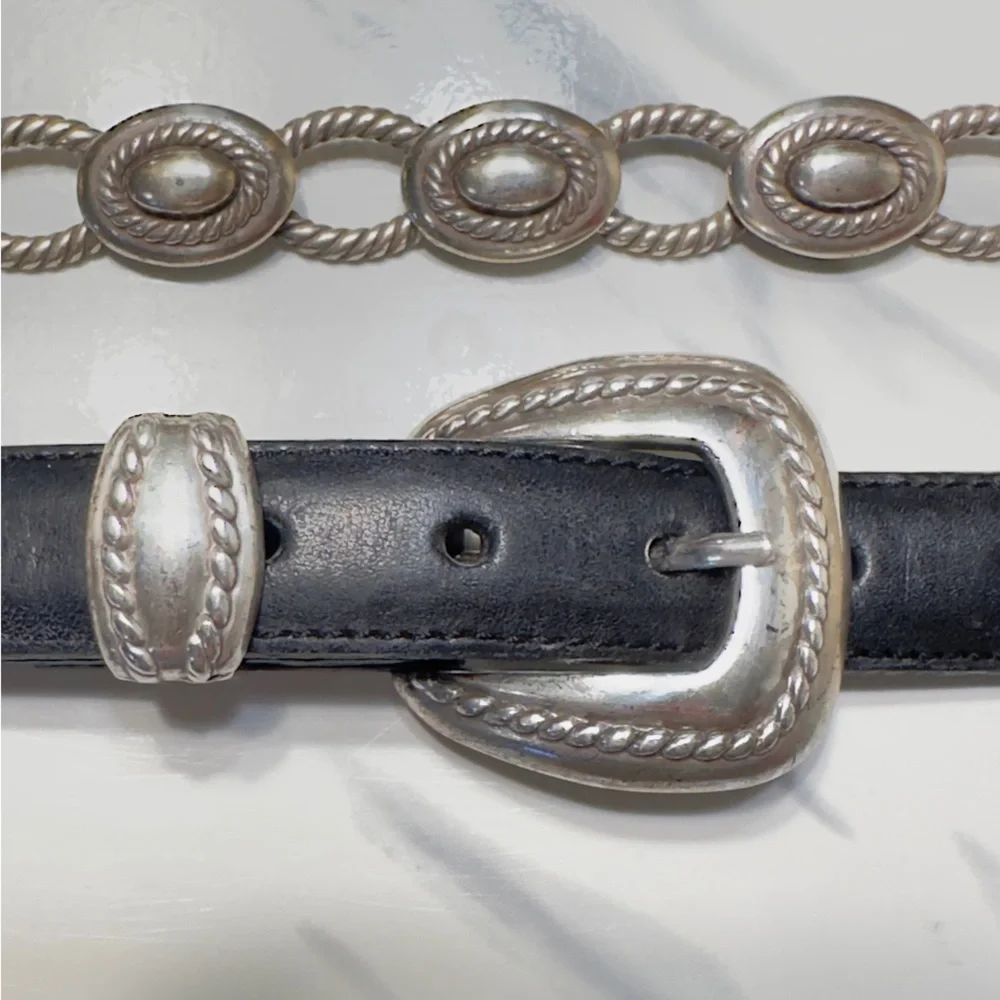 BRIGHTON | Silver Plated Links Black Leather Vintage Belt Made In USA 1995 90’s